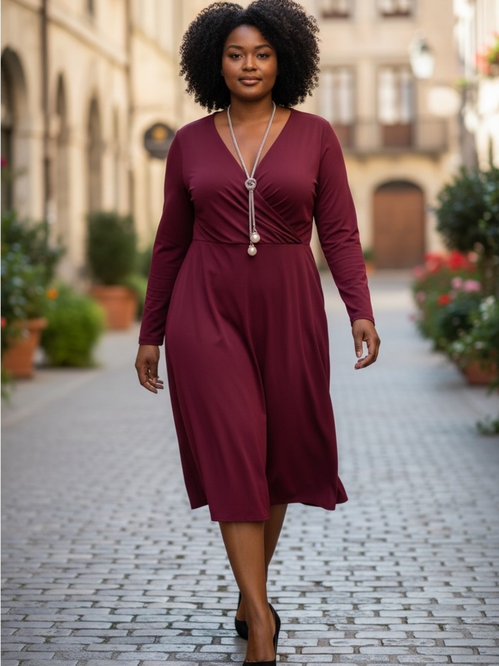 Signature Wrap-Style V-Neck Long-Sleeve Midi Dress in Wine